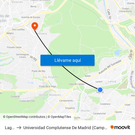 Laguna to Universidad Complutense De Madrid (Campus De Somosaguas) map
