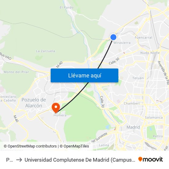 Pitis to Universidad Complutense De Madrid (Campus De Somosaguas) map
