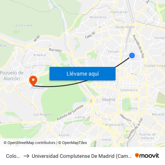 Colombia to Universidad Complutense De Madrid (Campus De Somosaguas) map