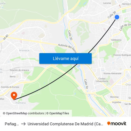 Peñagrande to Universidad Complutense De Madrid (Campus De Somosaguas) map