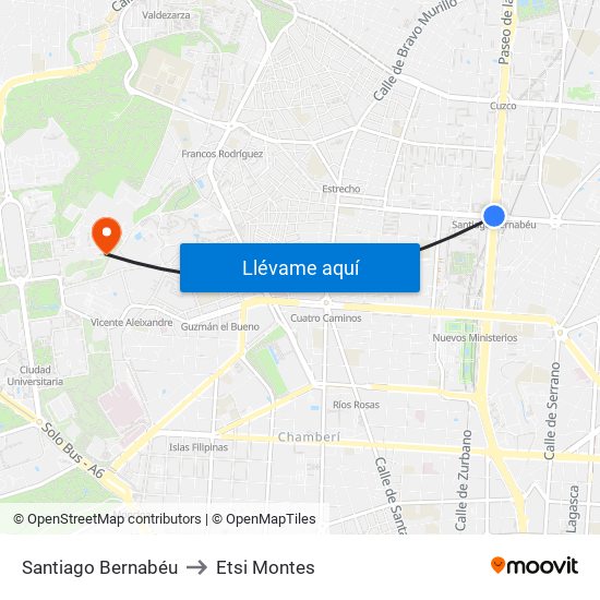 Santiago Bernabéu to Etsi Montes map