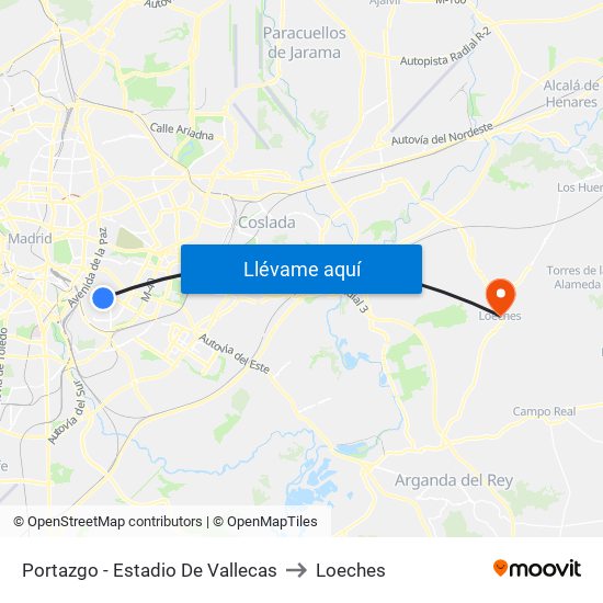 Portazgo - Estadio De Vallecas to Loeches map