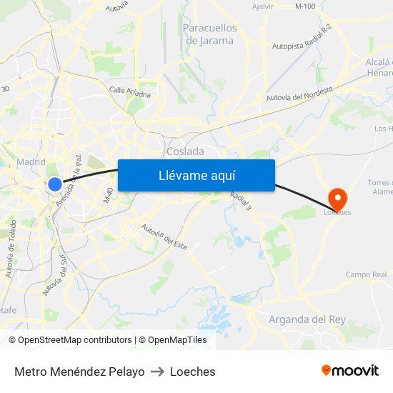 Metro Menéndez Pelayo to Loeches map