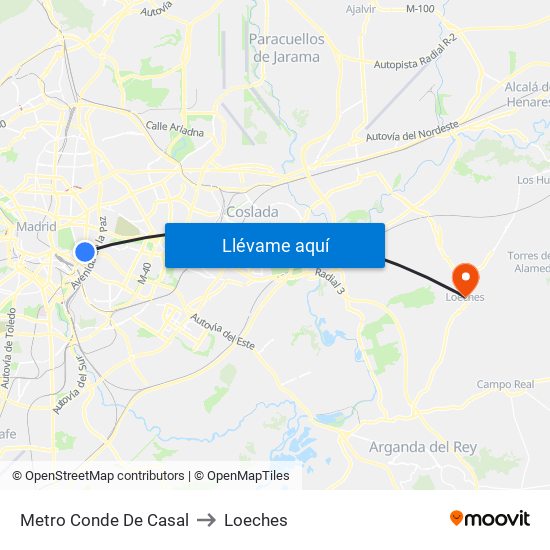 Metro Conde De Casal to Loeches map