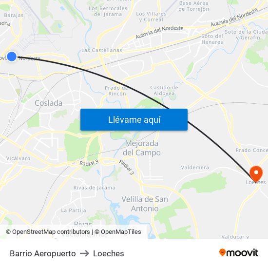 Barrio Aeropuerto to Loeches map