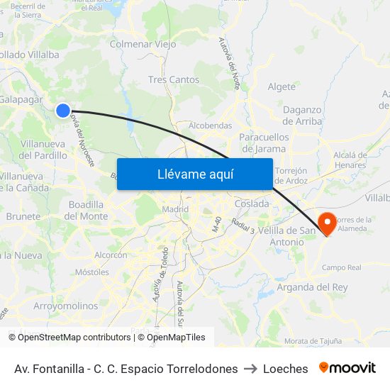 Av. Fontanilla - C. C. Espacio Torrelodones to Loeches map