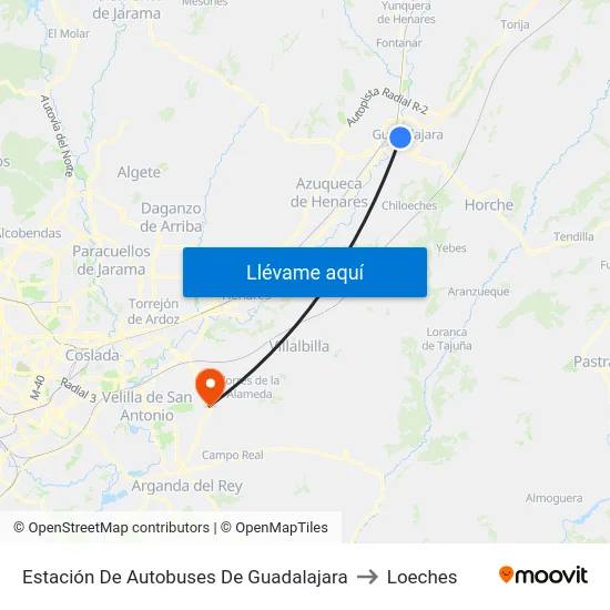 Estación De Autobuses De Guadalajara to Loeches map