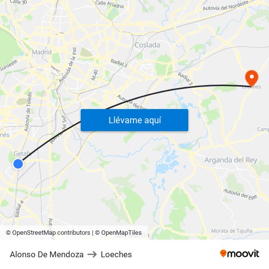 Alonso De Mendoza to Loeches map