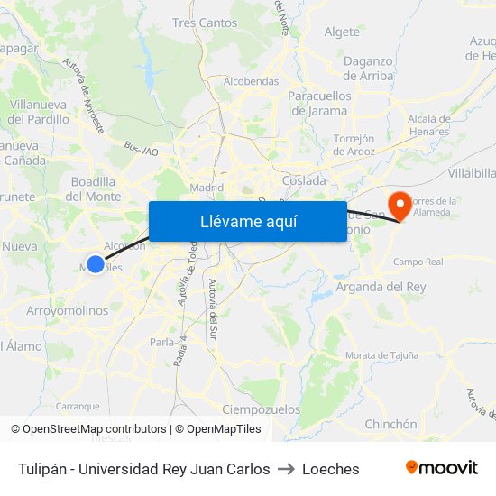 Tulipán - Universidad Rey Juan Carlos to Loeches map