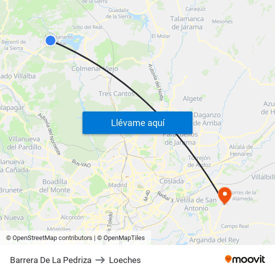 Barrera De La Pedriza to Loeches map