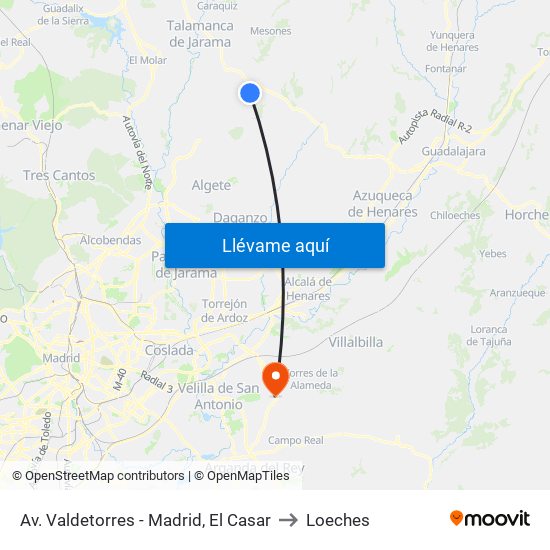 Av. Valdetorres - Madrid, El Casar to Loeches map