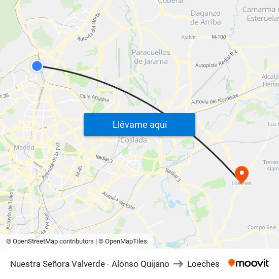 Nuestra Señora Valverde - Alonso Quijano to Loeches map