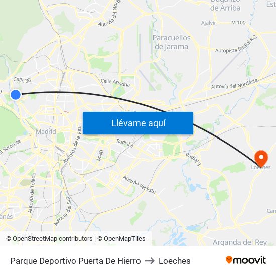 Parque Deportivo Puerta De Hierro to Loeches map