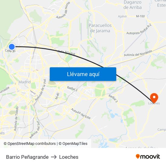 Barrio Peñagrande to Loeches map