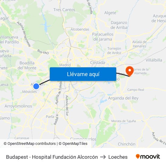 Budapest - Hospital Fundación Alcorcón to Loeches map