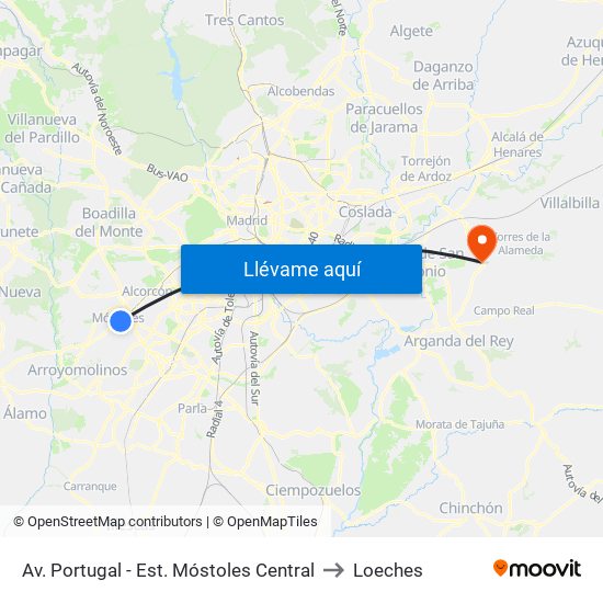 Av. Portugal - Est. Móstoles Central to Loeches map