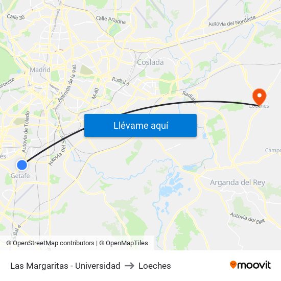 Las Margaritas - Universidad to Loeches map
