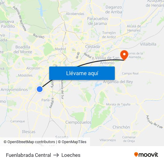 Fuenlabrada Central to Loeches map