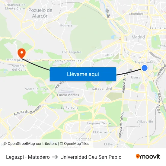 Legazpi - Matadero to Universidad Ceu San Pablo map