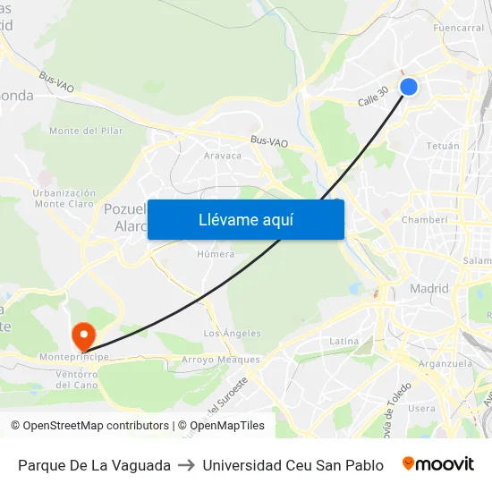 Parque De La Vaguada to Universidad Ceu San Pablo map