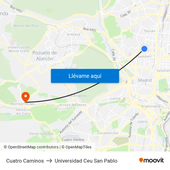 Cuatro Caminos to Universidad Ceu San Pablo map