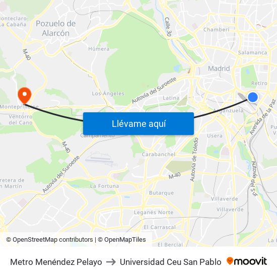 Metro Menéndez Pelayo to Universidad Ceu San Pablo map