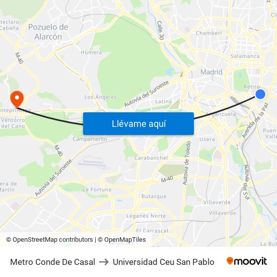 Metro Conde De Casal to Universidad Ceu San Pablo map