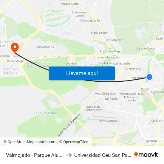 Valmojado - Parque Aluche to Universidad Ceu San Pablo map
