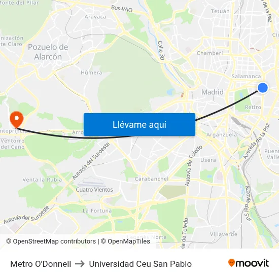 Metro O'Donnell to Universidad Ceu San Pablo map