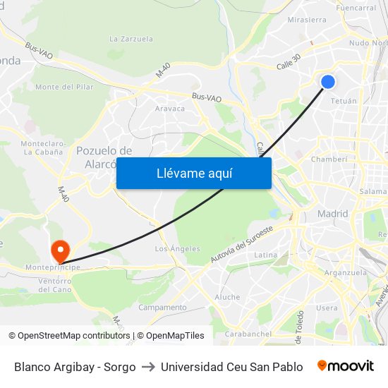 Blanco Argibay - Sorgo to Universidad Ceu San Pablo map