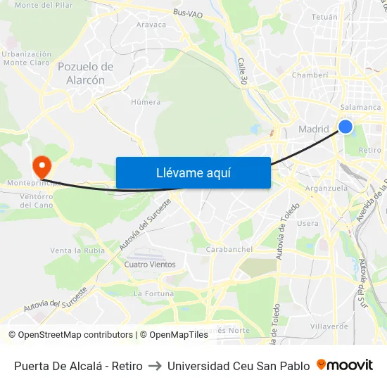 Puerta De Alcalá - Retiro to Universidad Ceu San Pablo map