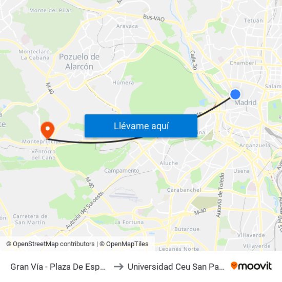 Gran Vía - Plaza De España to Universidad Ceu San Pablo map