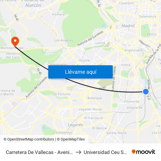 Carretera De Vallecas - Avenida Rosales to Universidad Ceu San Pablo map