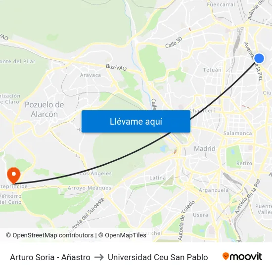 Arturo Soria - Añastro to Universidad Ceu San Pablo map