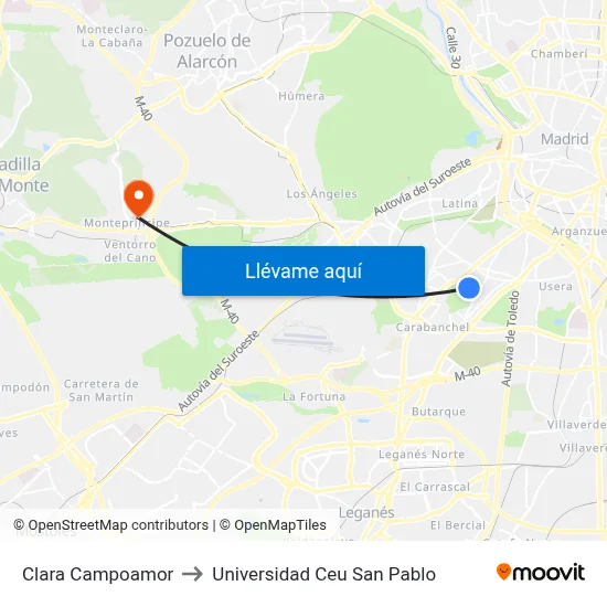 Clara Campoamor to Universidad Ceu San Pablo map