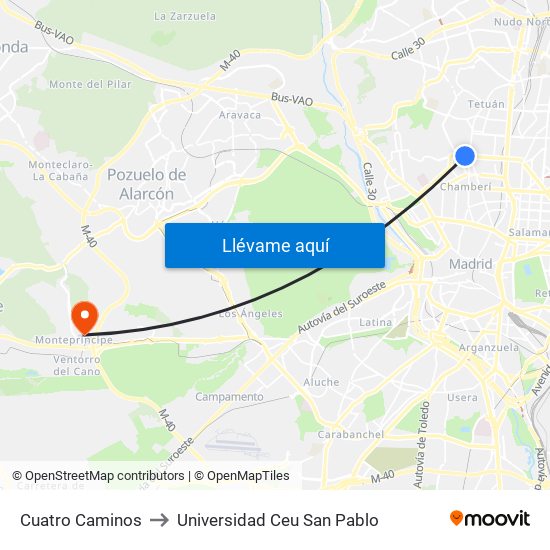 Cuatro Caminos to Universidad Ceu San Pablo map