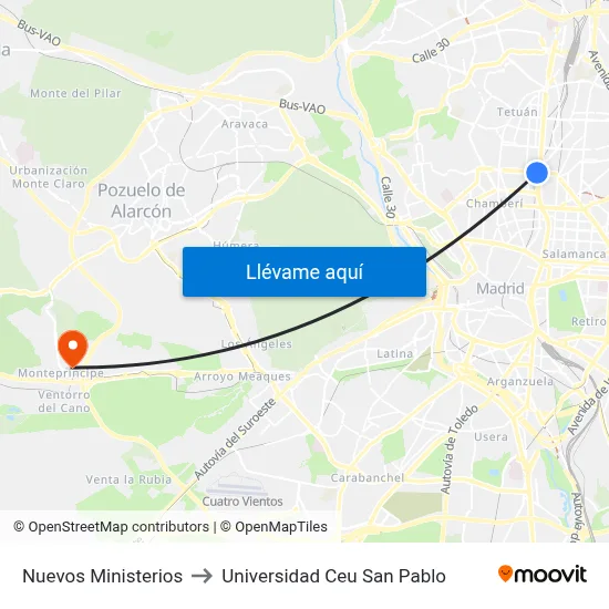 Nuevos Ministerios to Universidad Ceu San Pablo map