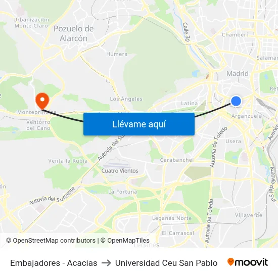 Embajadores - Acacias to Universidad Ceu San Pablo map