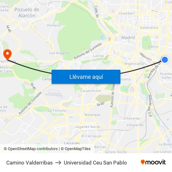 Camino Valderribas to Universidad Ceu San Pablo map