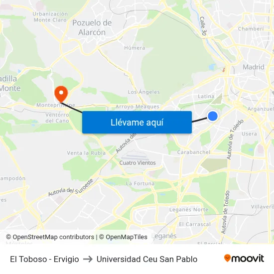 El Toboso - Ervigio to Universidad Ceu San Pablo map