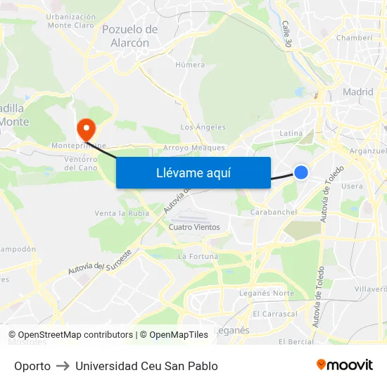 Oporto to Universidad Ceu San Pablo map