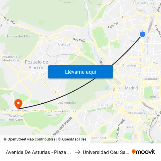 Avenida De Asturias - Plaza De Castilla to Universidad Ceu San Pablo map