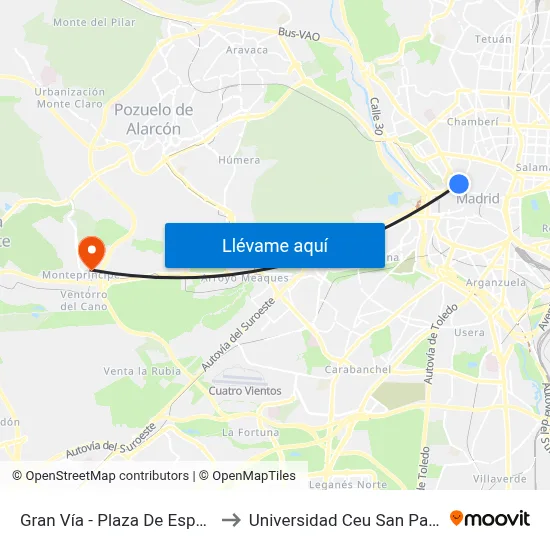 Gran Vía - Plaza De España to Universidad Ceu San Pablo map