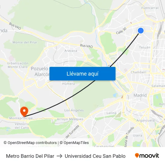 Metro Barrio Del Pilar to Universidad Ceu San Pablo map