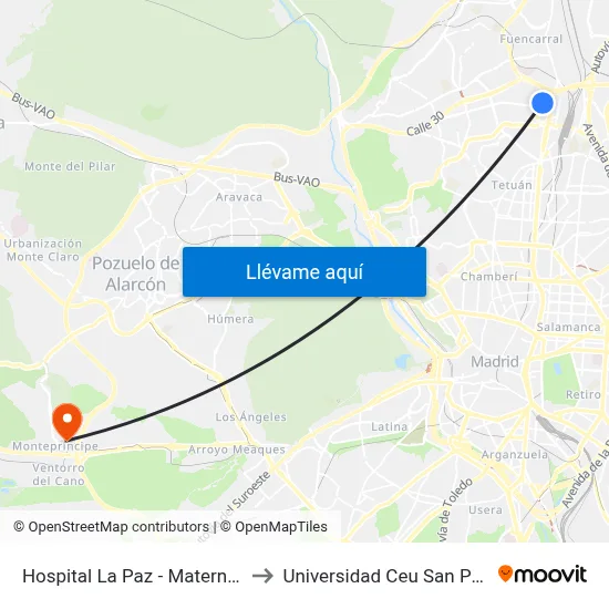 Hospital La Paz - Maternidad to Universidad Ceu San Pablo map