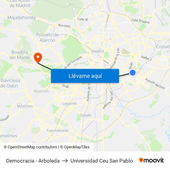 Democracia - Arboleda to Universidad Ceu San Pablo map