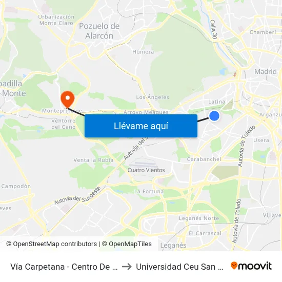 Vía Carpetana - Centro De Salud to Universidad Ceu San Pablo map