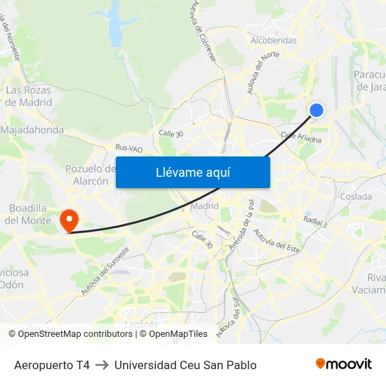 Aeropuerto T4 to Universidad Ceu San Pablo map