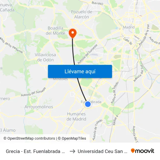 Grecia - Est. Fuenlabrada Central to Universidad Ceu San Pablo map