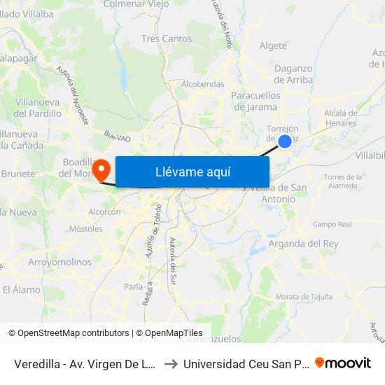 Veredilla - Av. Virgen De Loreto to Universidad Ceu San Pablo map
